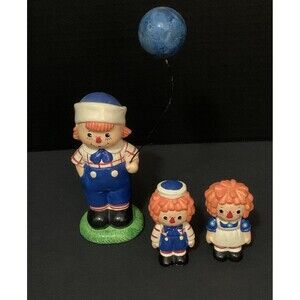 Norleans Japan Raggedy Ann & 2 Andy‎ Ceramic Figurines Blue Balloon Vtg Set Of 3